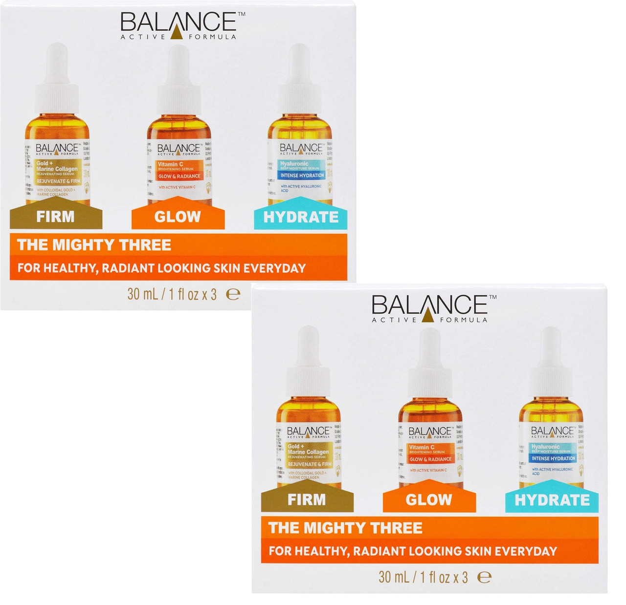 sdfsd__45928.1768476428.jpg 2 x Balance Active Formula The Mighty Three (3 X 30ml) - Breakthrough Active Ingredients Visible Results. Three Targeted Serums That You Can Layer Together Or Use Individually. - Image 1